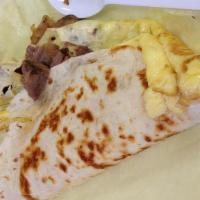 1 Meat Breakfast Burrito · Egg, cheese, potatoes and 1 meat.