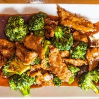 Beef With Broccoli · Sliced beef and broccoli in brown sauce.