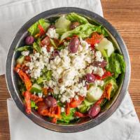 Greek Salad · Romaine lettuce, cucumbers, tomatoes, kalamata olives, sun-dried tomatoes, feta, and balsami...
