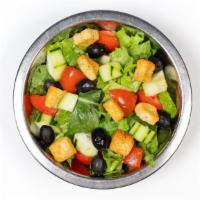 House Salad · Mixed greens, Roma tomatoes, cucumbers, black olives, and croutons.