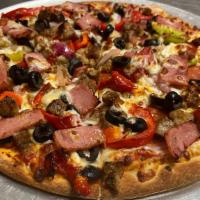 Supreme Pizza · Pizza sauce, pepperoni, ham, hamburger, sausage, red onions, mushrooms, bell peppers, black ...
