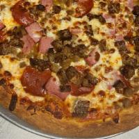 Meat Lovers Pizza · Pizza sauce, pepperoni, ham, hamburger, sausage and mozzarella cheese.