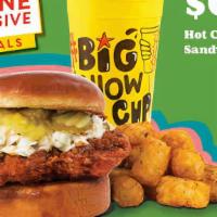 Online Exclusive Deal- Hot Chicken Sandwich Combo · Hot Chicken Sandwich Combo with Tater Tots and 1 Big Yellow Cup