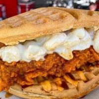 Macdaddy (Waffle) · Spicy Buttermilk Fried Chicken Sandwich topped with White Cheddar Mac and Cheese and Thunder...