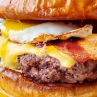 Brunchburger · angus beef, fried egg, american cheese, bacon, stormy sauce, brioche bun