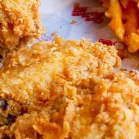 Wings & Waffle Fries · (4) Battered Bone-in Buttermilk Fried Chicken Wings w/ Seasoned Waffle Fries with thunder sa...
