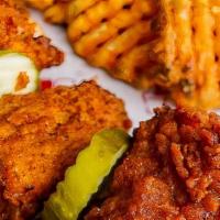 Hot Wings And Waffle Fries · (4) Spicy Buttermilk Fried Chicken Wings and Seasoned Waffle Fries with Thunder Sauce on the...