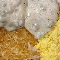 Country Breakfast · Two eggs any style, hashbrowns and homemade biscuits and sausage gravy.