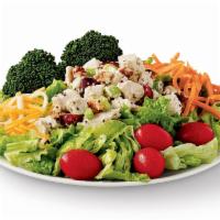 Chicken Salad Salad · Our gourmet chicken salad atop romaine & iceberg blend, grape tomatoes, broccoli, carrots & ...