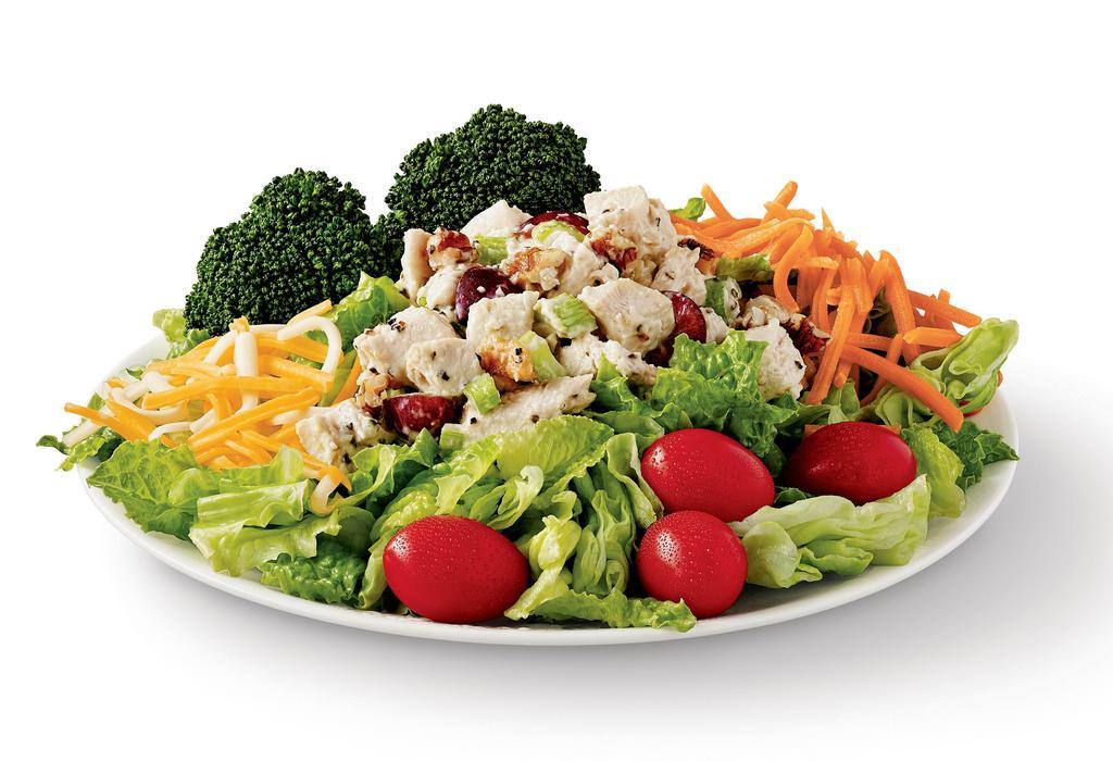 Chicken Salad Salad · Our gourmet chicken salad atop romaine & iceberg blend, grape tomatoes, broccoli, carrots & jack and cheddar cheese blend