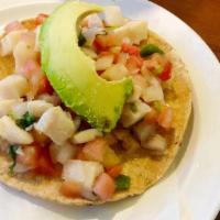 Tostadas De Ceviche · Prepared with red onions, cilantro, tomato, avocado, mayonnaise and olive oil. With your cho...
