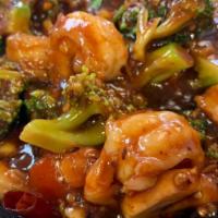 Hunan Shrimp 湖南虾 · Spicy. Broccoli, napa cabbage, snow pea, mushroom, bamboo shoots, water chestnut,  Hunan sau...