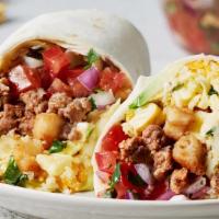 Breakfast Burrito · Chorizo, egg, cheese, potato, chile de arbor salsa, pico de gallo