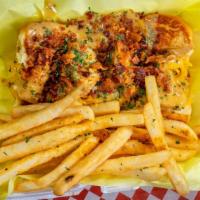 Chicken Bacon Parmesan Dog W/Fries · Garlic Parmesan sauce, shredded cheese, bacon with chicken.