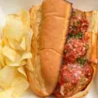 Meatball Parm Sub · Meatballs with Provolone Cheese and Marinara Sauce. Served on toasted Costanzo Bakery Sub Ro...