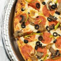 Goomba Supreme · Most popular. Pepperoni, Italian sausage, sautéed mushrooms, green peppers, onions, and blac...