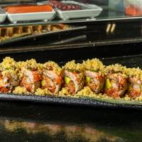 Romantic Roll(8Pcs) · Inside shrimp tempura, spicy tuna, and avocado. Outside: salmon, jalapeno and tempura flakes...
