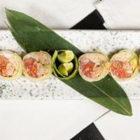Oishi Roll(8Pcs) · Cucumber wrapped tuna, salmon, yellowtail, shrimp, crabstick, crab meat, avocado, ponzu sauc...