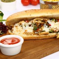Bbq Chicken Cheesesteak · Tangy sweet BBQ sauce topped on slices of chicken steak, mushrooms, onions, green bell peppe...