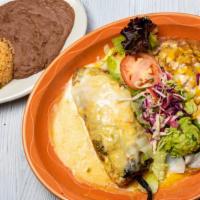 Chile Relleno Dinner · One poblano pepper stuffed with choice of ground beef or queso fresco and topped with chili ...