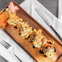 Bangkok Tower Roll · Salmon, tuna, cream cheese, green onion, jalapeno, deep fried and topped with masago, spicy ...