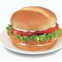 Country Fried Steak Sandwich · Country fried steak on a brioche bun with lettuce, tomato and mayonnaise.