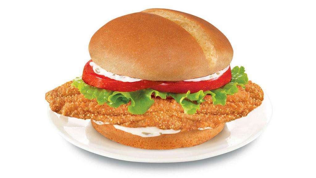 Catfish Sandwich · Southern style catfish on a brioche bun with lettuce, tomato, and tartar.