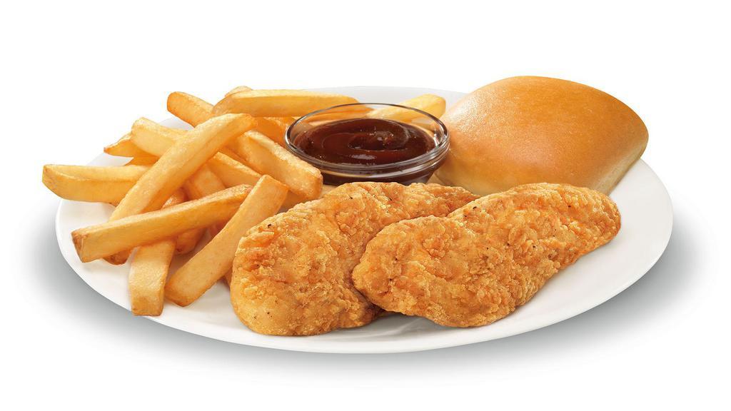 Chicken Tender Meal (2 Pieces) · Two crispy fried tenders, served with one regular side and a famous Grandy's roll and a kids drink with your choice of dipping sauce.