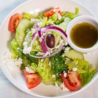 Greek Salad  (One Size) · Romaine lettuce, tomatoes, cucumbers onions, kalamata olives, and feta cheese with our homem...