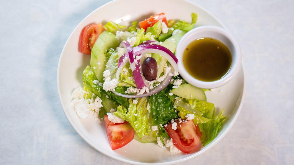 Greek Salad  (One Size) · Romaine lettuce, tomatoes, cucumbers onions, kalamata olives, and feta cheese with our homemade Greek vinaigrette.