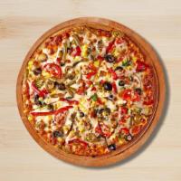 Divine Veggie Pizza · Black olives, onions, fresh mushrooms, mozzarella cheese, spinach, tomatoes, red yellow and ...