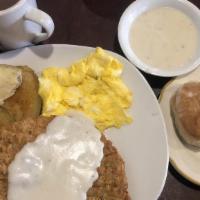 Chicken Fried Steak & Eggs · With two eggs and hashbrowns, grits, or potatoes, toast, or biscuits and gravy.