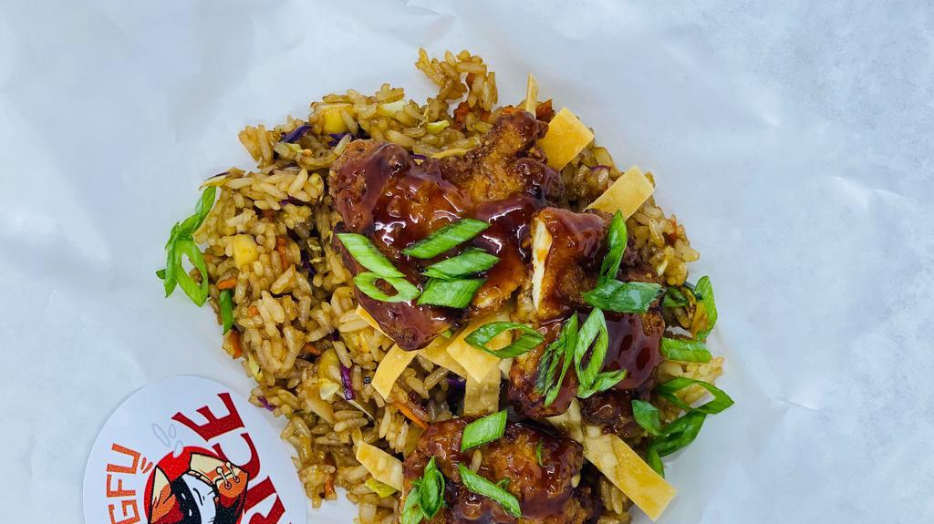 Chinese Bbq Fried Rice · Fried chicken glazed with char siu, bell peppers, onions, carrots, cabbage.