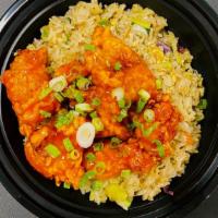 Sweet & Sour Sriracha Fried Rice · Fried chicken glazed with sweet and sour sriracha glaze, bell peppers, carrots, onions.