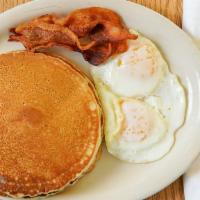 Pancake Plate · Served with 2 eggs, 2 pancakes, & 2 slices of bacon