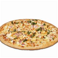 Bbq Chicken Pizza · Mesquite flavored BBQ sauce, smoked provolone, white cheddar cheese, and chicken breast with...