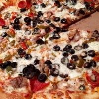 Florio'S Special · Pepperoni, sausage, peppers and onions, mushrooms, black olives and extra cheese. 
No Substi...