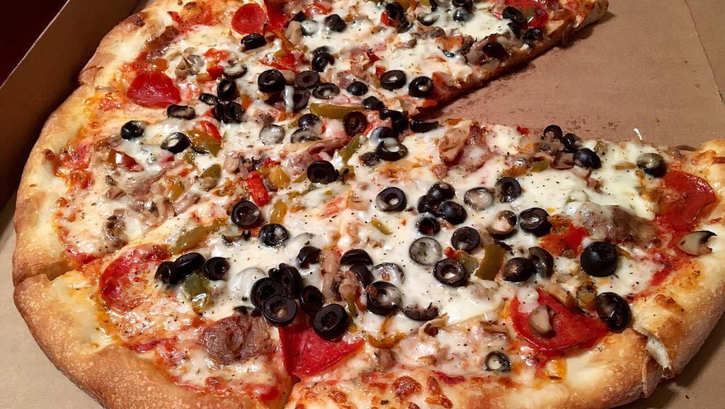 Florio'S Special · Pepperoni, sausage, peppers and onions, mushrooms, black olives and extra cheese. 
No Substitutions