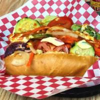 Pan Con Pollo · Salvadoran Sandwich Made With Chicken, Cabbage, Tomato, Onion, Carrots, Beets, Cucumber and ...