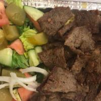 Beef Gyro Plate · Beef gyro comes with rice, veggies (lettuce, tomatoes, pickle, onion, cucumber) and pita. Pi...