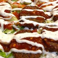 Falafel Plate · Falafel patties comes with rice, hummus, veggies (lettuce, tomatoes, pickle, onion, cucumber...