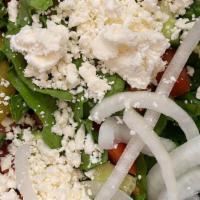 Mediterranean Salad · Lettuce, tomatoes, cucumber, onions, pickles, olives, feta cheese.