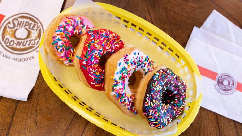 Chocolate Iced Sprinkles · Our yeast-raised do-nut hand-dipped in chocolate icing covered in sprinkles.  Choose your quantity or get a better deal with a half-dozen (6) or a dozen (12).