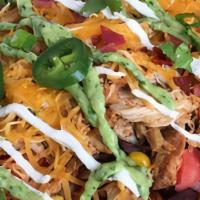 Vegetarian Loaded Chips Nachos Style · Pinto beans, onions, tomatoes green peppers, melted cheese, and jalapenos.
