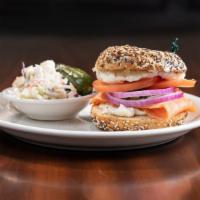 New York Bagel & Lox Sandwich · Nova lox, cream cheese, tomato, onion and capers piled high on a fresh baked bagel.
Served w...