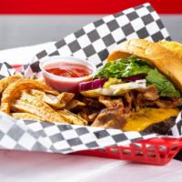 The Blends Burger · Served with lettuce, tomatoes, pickles, onions, a fried egg, bacon, cheese, BBQ sauce, and a...