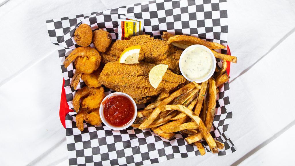 Pick 2 · Served with a side of freshly cut home-style fries and cocktail or tartar sauce. Note: If solely selecting Catfish only OR Shrimp only, you'll receive 3 pieces of catfish (for your catfish only selection) OR 12 pieces of shrimp (for your shrimp only selection)!