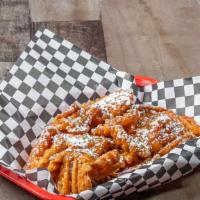 Sweet Potato Waffle Fries Delight · Waffle potatoes drizzled with maple glaze, dusted with powdered and cinnamon sugar mix.