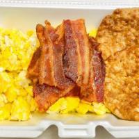 Eggs, Bacon And Sausage (Large) · 6 scrambled eggs, 6 bacon and 2 sausage patties