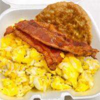 Eggs, Bacon And Sausage (Small) · 3 scrambled eggs, 3 bacon and 1 sausage patty